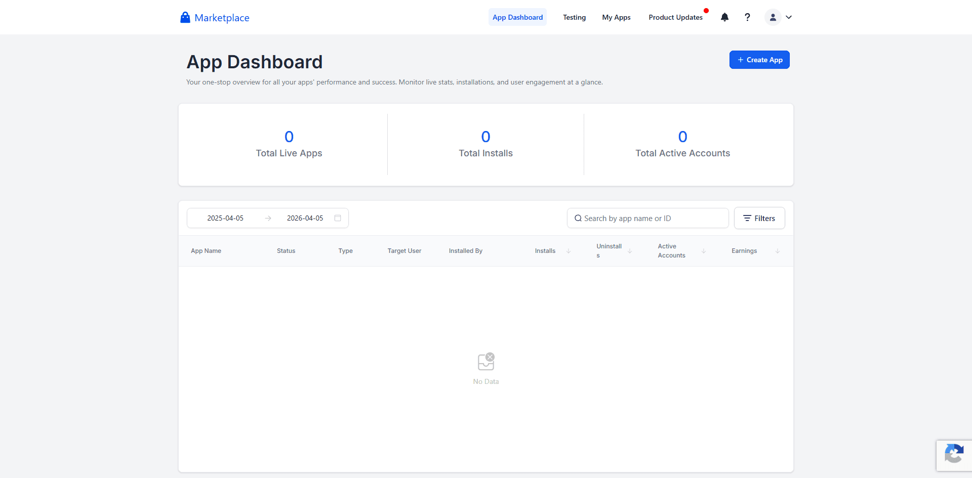 HL Marketplace App Dashboard showing the Create App button