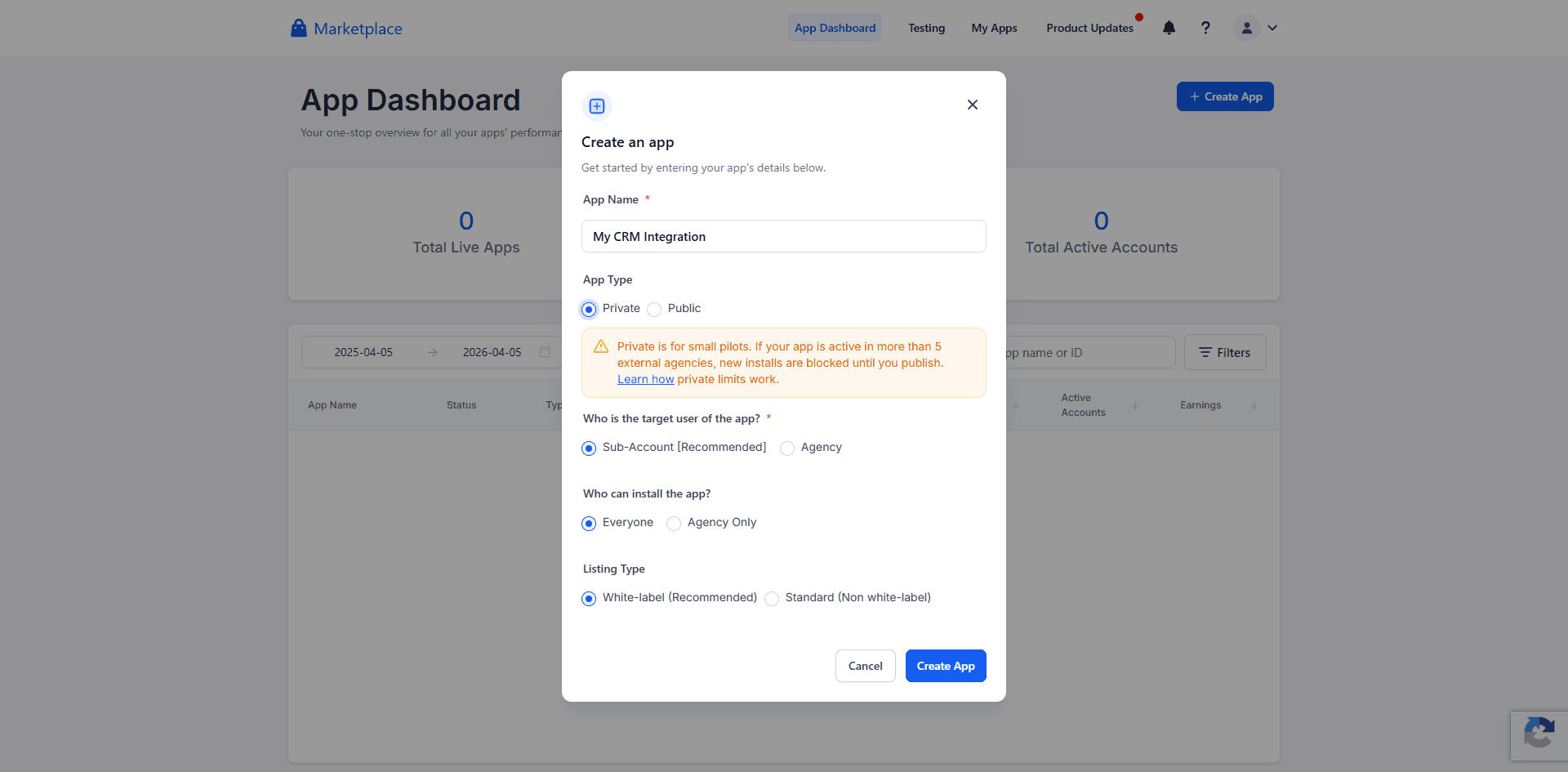 Create App modal with Private selected