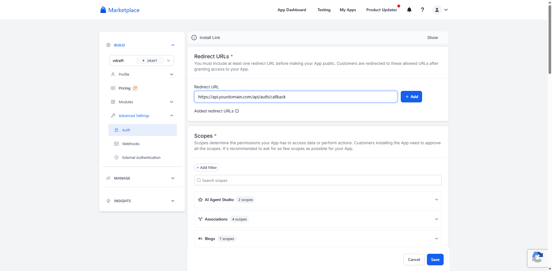 Auth page with redirect URL filled in
