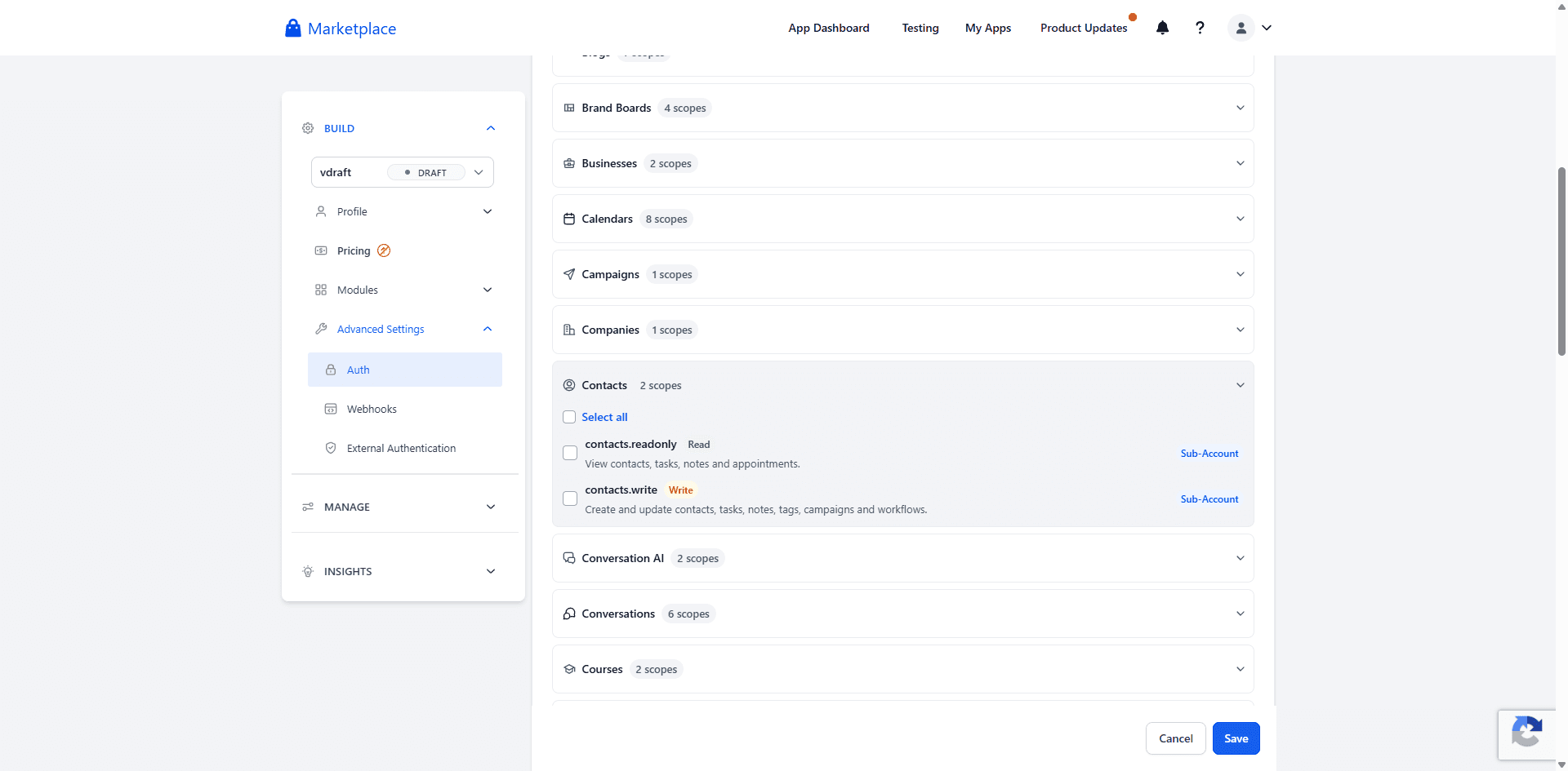 Scopes section with Contacts expanded showing read/write checkboxes