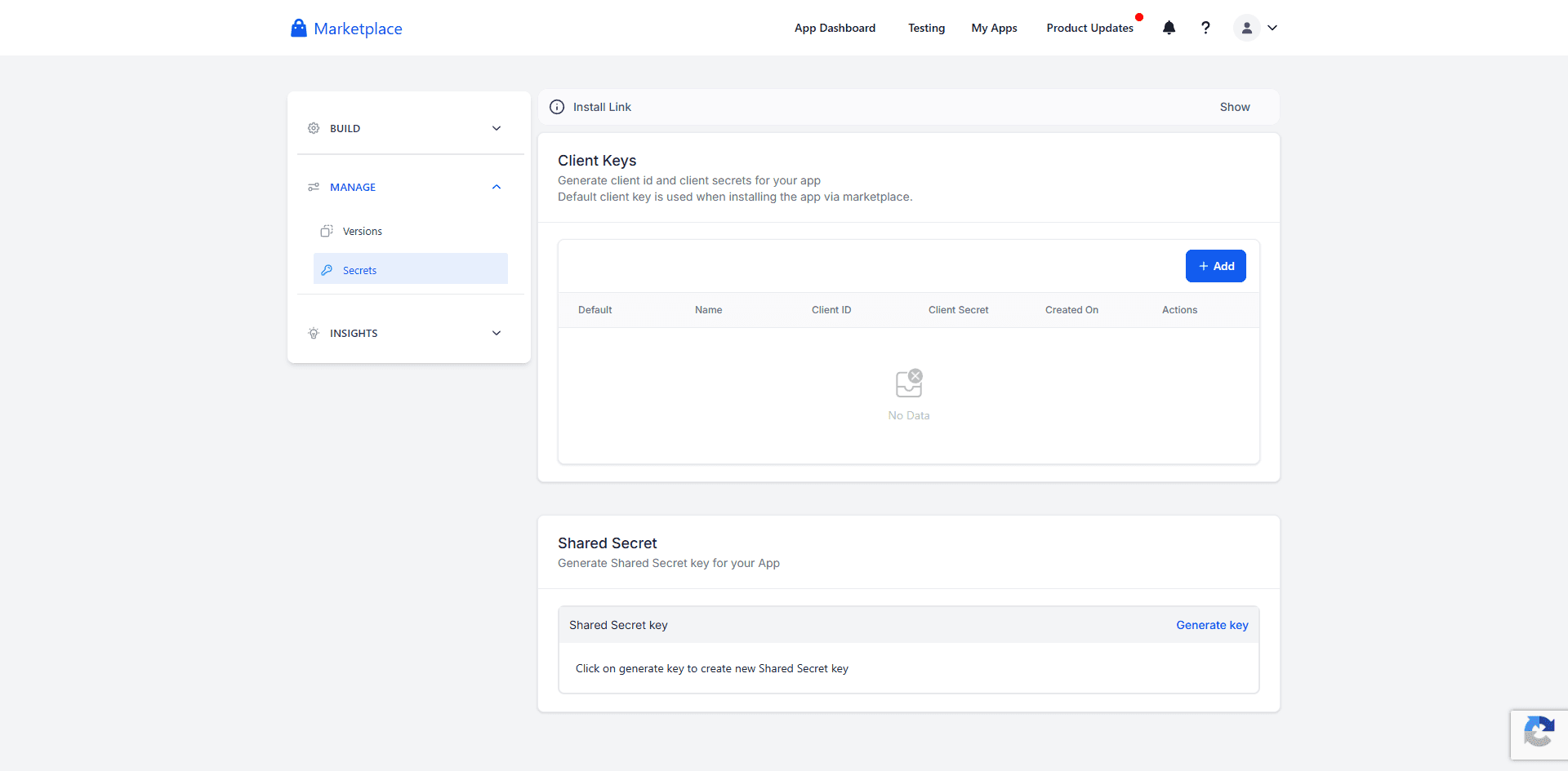 Secrets page with empty Client Keys table
