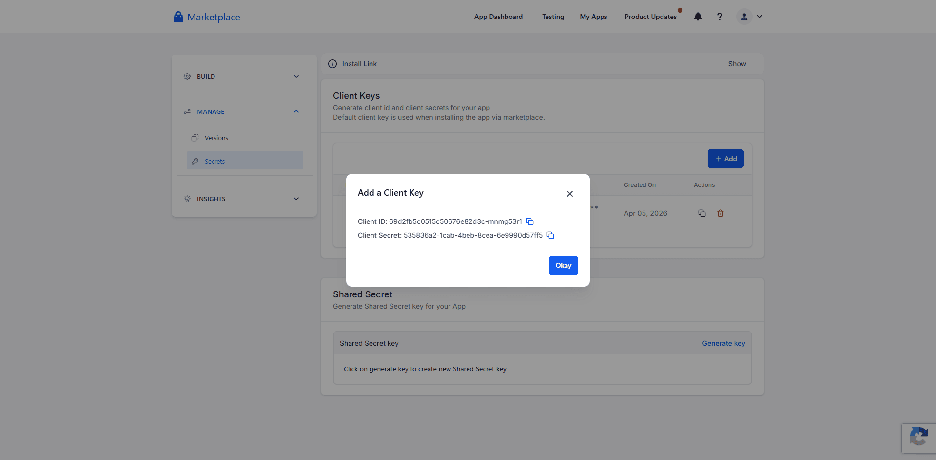 Modal showing generated Client ID and Client Secret