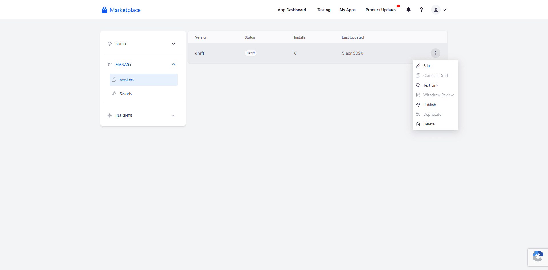 Versions page with three-dot menu showing Publish option