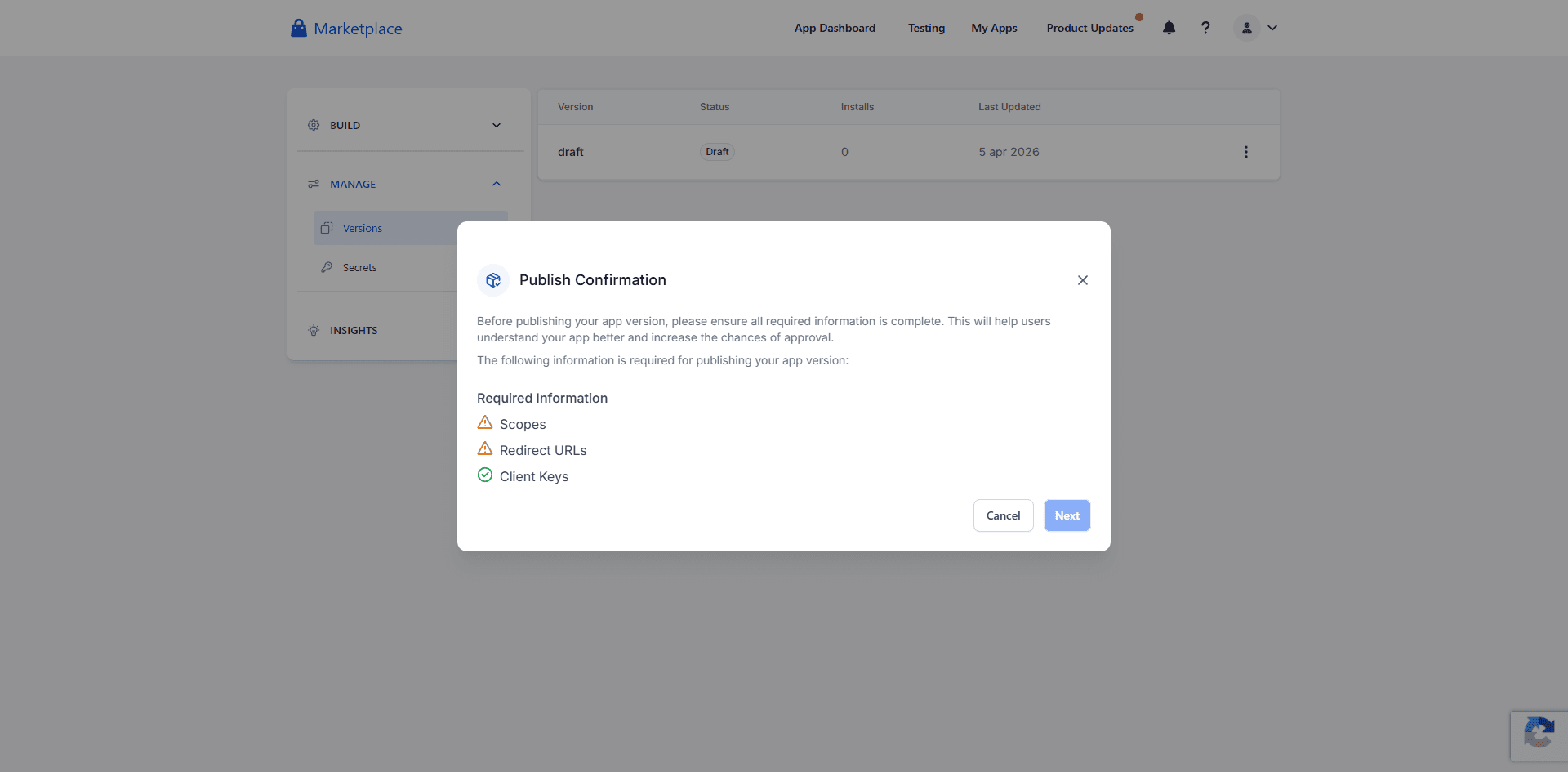 Publish Confirmation dialog showing required information checklist